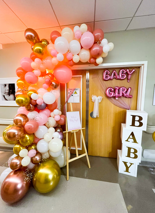 Welcome new baby with White and Pink, Golden Balloon Arch